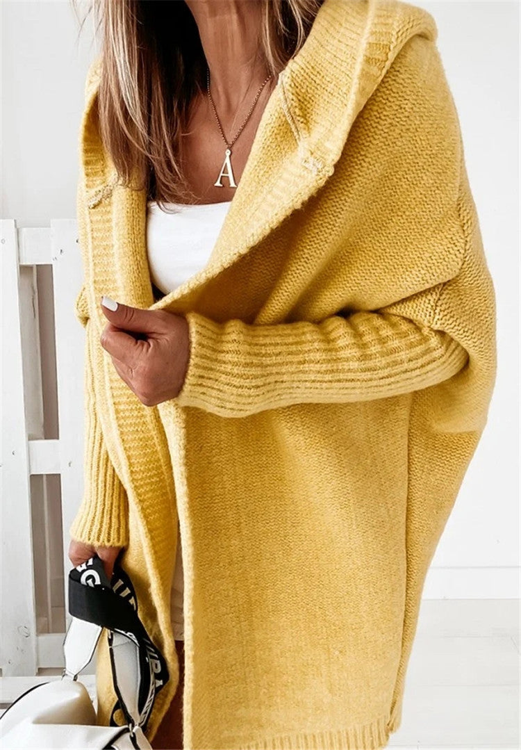 Desiré-Fashion Bat Sleeve Hooded Cardigan Oversized Loose Temperament Solid Color Sweater Womens Clothing - Desiré