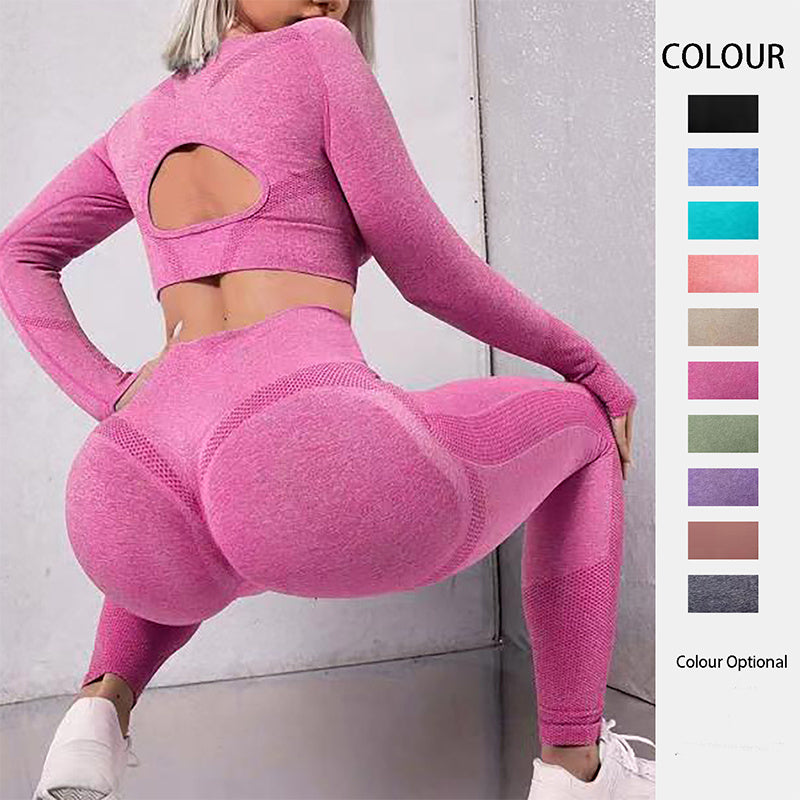 Desire-2pcs Sports Suits Long Sleeve Hollow Design Tops And Butt Lifting High Waist Seamless Fitness Leggings Sports Gym Sportswear Outfits Clothing - Desiré
