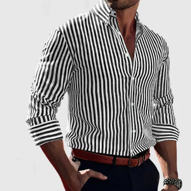 Ins Stripe Printed Long Sleeve Shirt Men Fashion Casual Lapel Button Top Clothing - Desiré