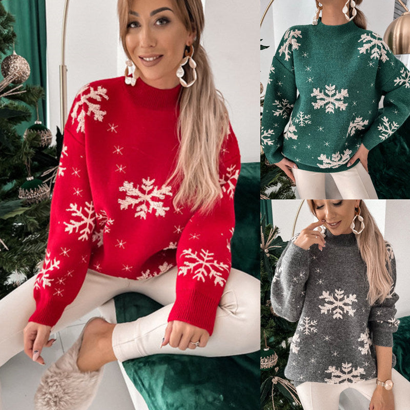 Desiré-Fall Winter Women's Christmas Sweater Knitted Fluffy Loose Casual Christmas Snowflake Print Long Sleeves Pullovers Tops Streetwear - Desiré