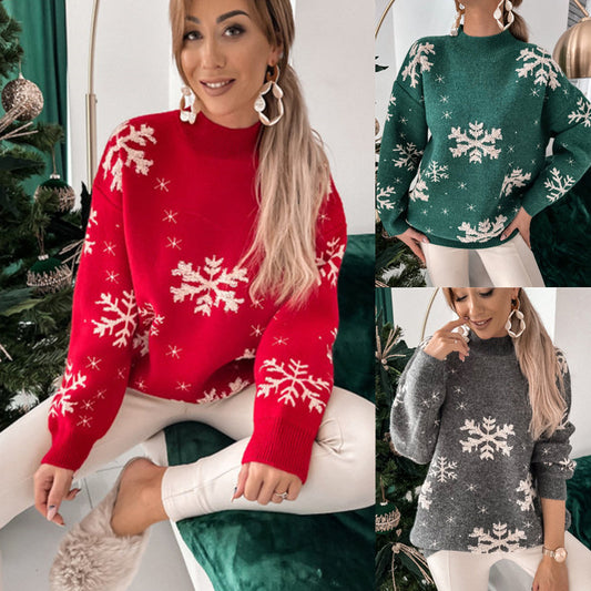 Desiré-Fall Winter Women's Christmas Sweater Knitted Fluffy Loose Casual Christmas Snowflake Print Long Sleeves Pullovers Tops Streetwear - Desiré