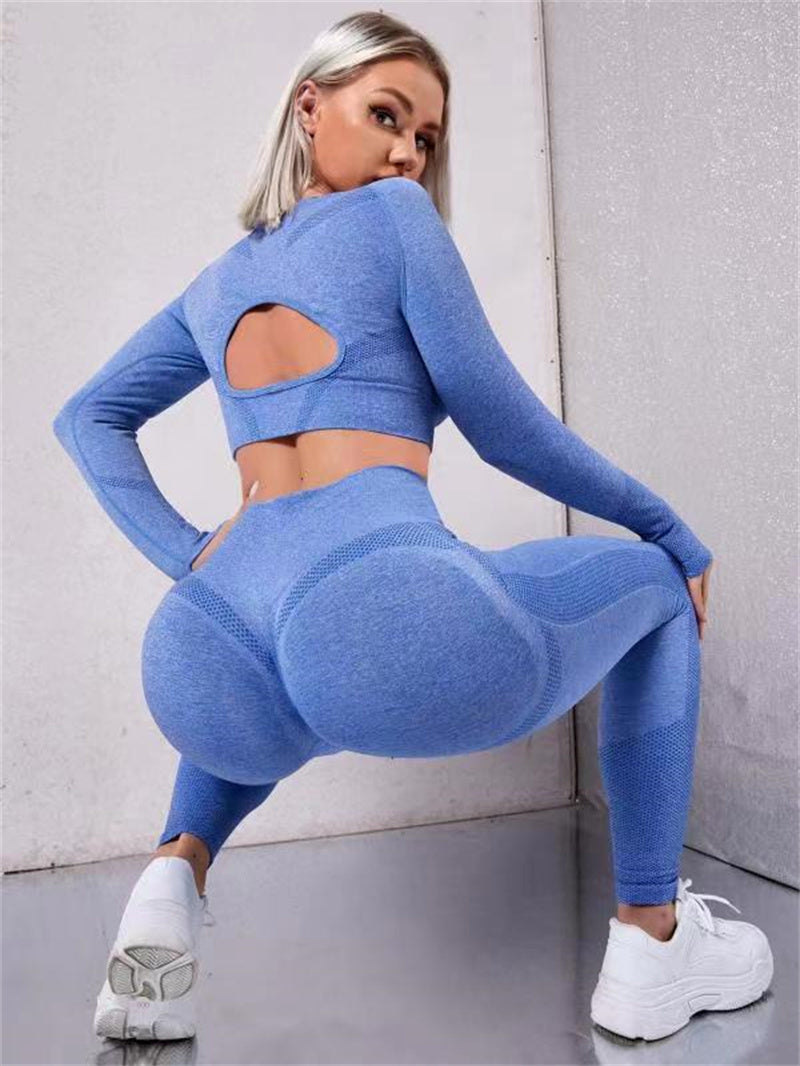 Desire-2pcs Sports Suits Long Sleeve Hollow Design Tops And Butt Lifting High Waist Seamless Fitness Leggings Sports Gym Sportswear Outfits Clothing - Desiré