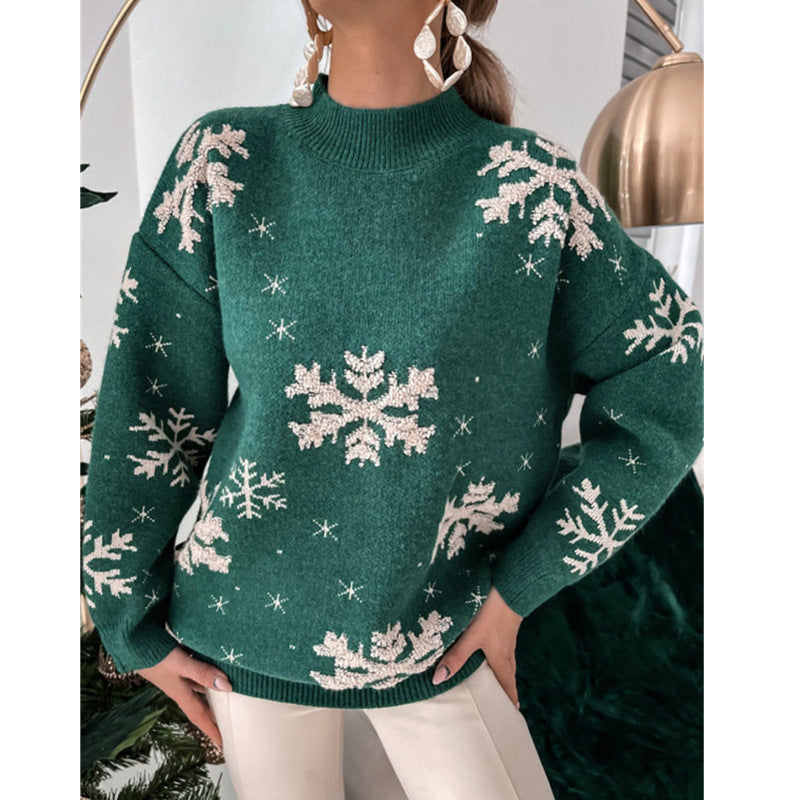 Desiré-Fall Winter Women's Christmas Sweater Knitted Fluffy Loose Casual Christmas Snowflake Print Long Sleeves Pullovers Tops Streetwear - Desiré