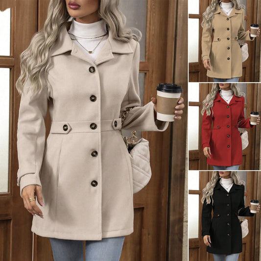 Elegant Single-breasted Woolen Coat Buttons Lapel Mid-length Jacket Temperament Commuter Outwear Clothing For Women - Desiré