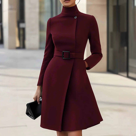 Women's Stand Collar Long Sleeve Dress, Elegant High Waist Belted Midi Dress, Slim Fit Office Formal Dress - Desiré