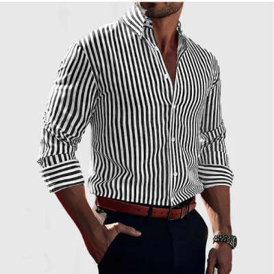 Ins Stripe Printed Long Sleeve Shirt Men Fashion Casual Lapel Button Top Clothing - Desiré