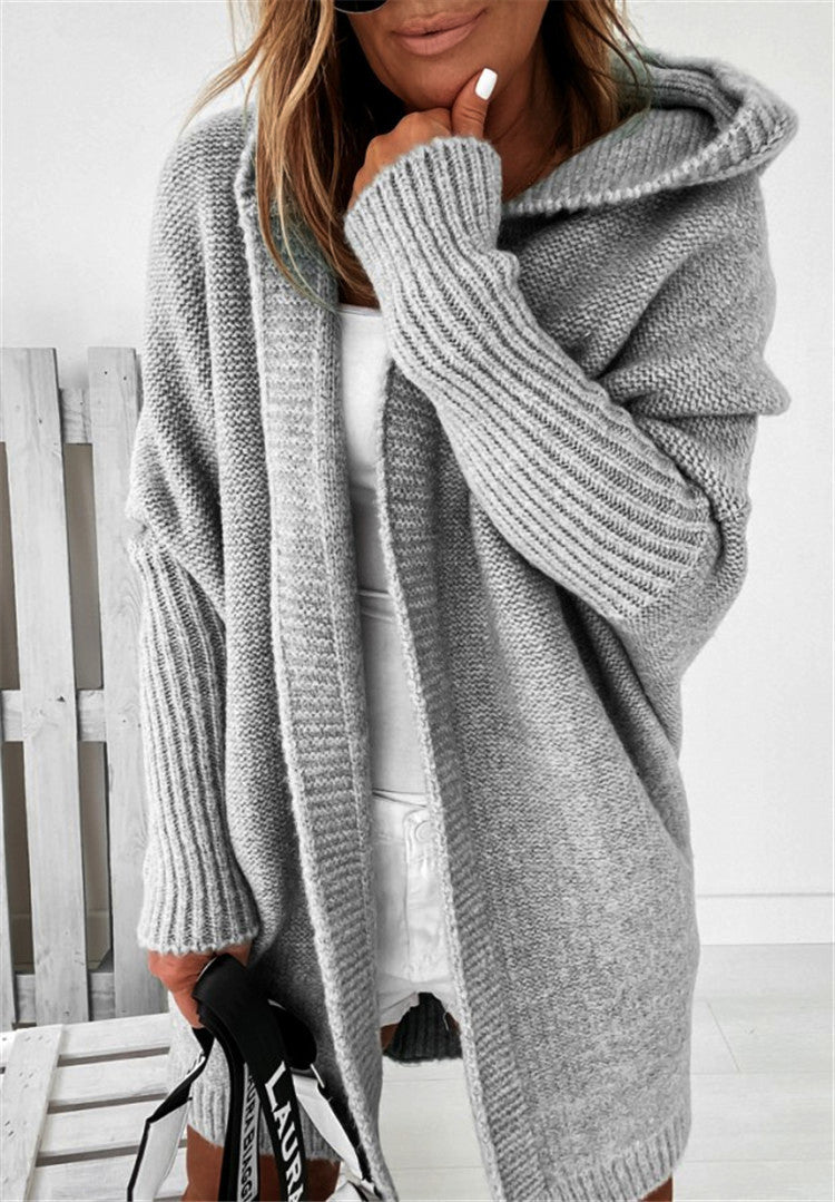 Desiré-Fashion Bat Sleeve Hooded Cardigan Oversized Loose Temperament Solid Color Sweater Womens Clothing - Desiré