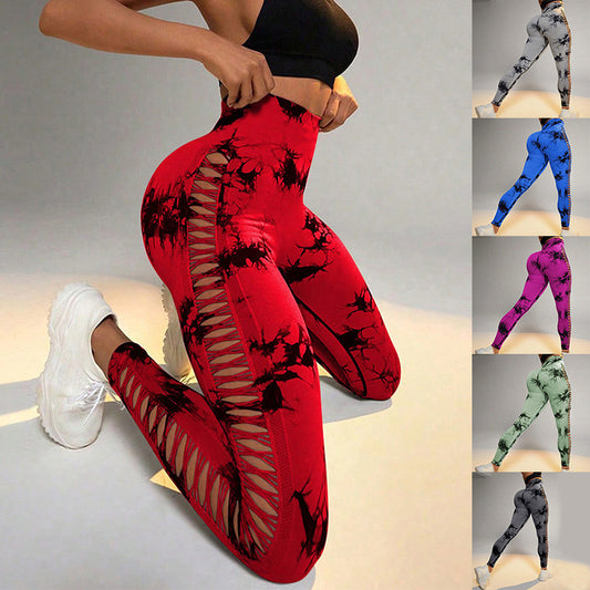 Desiré-Hollow Tie Dye Printed Yoga Pants High Waist Butt Lift Seamless Sports Gym Fitness Leggings Slim Pants For Women Tight Trousers - Desiré