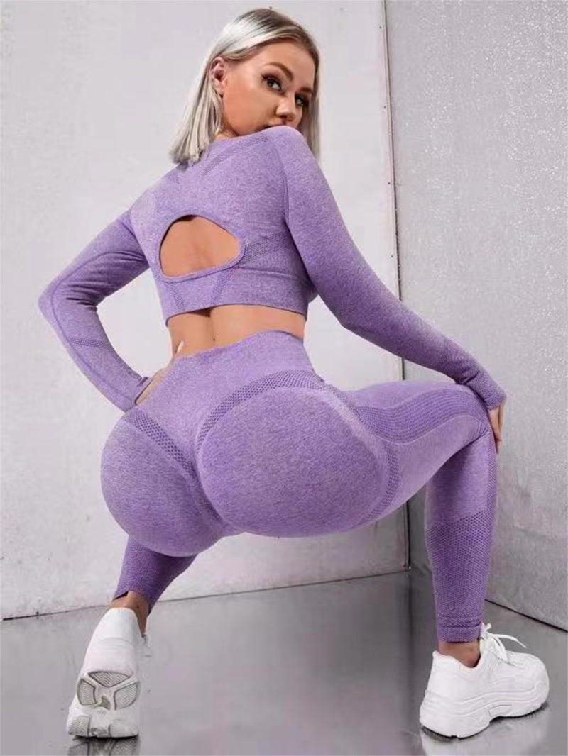 Desire-2pcs Sports Suits Long Sleeve Hollow Design Tops And Butt Lifting High Waist Seamless Fitness Leggings Sports Gym Sportswear Outfits Clothing - Desiré