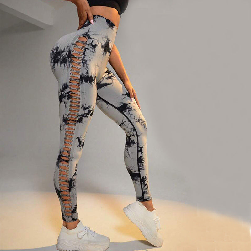 Desiré-Hollow Tie Dye Printed Yoga Pants High Waist Butt Lift Seamless Sports Gym Fitness Leggings Slim Pants For Women Tight Trousers - Desiré