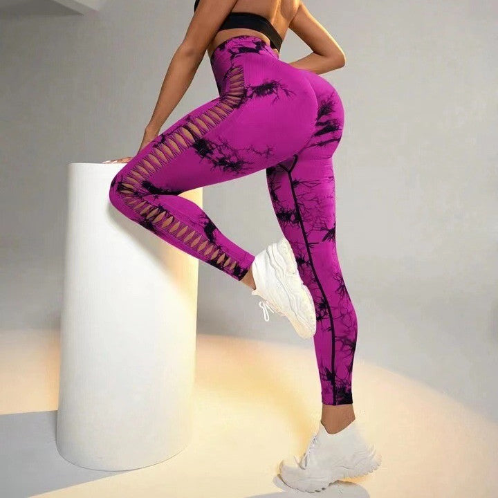 Desiré-Hollow Tie Dye Printed Yoga Pants High Waist Butt Lift Seamless Sports Gym Fitness Leggings Slim Pants For Women Tight Trousers - Desiré