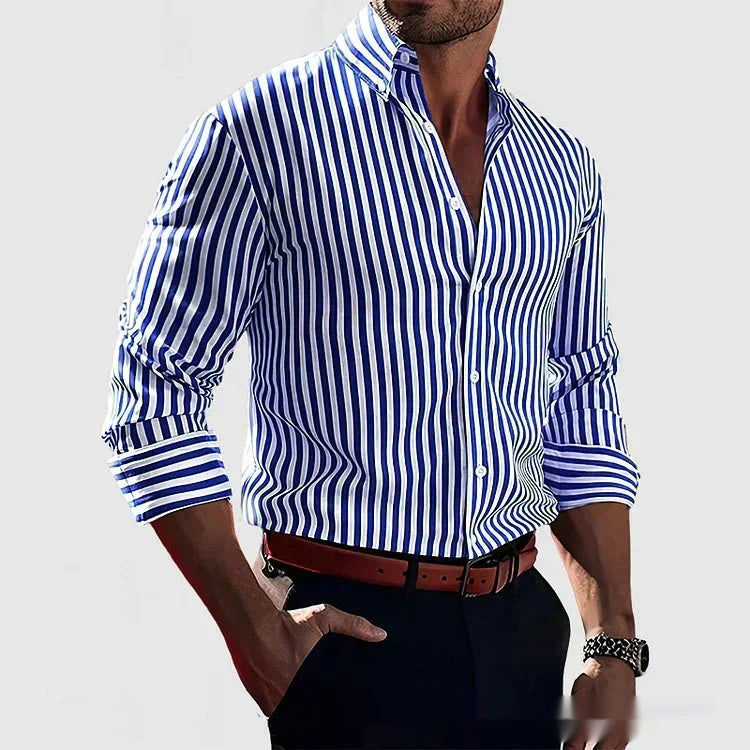 Ins Stripe Printed Long Sleeve Shirt Men Fashion Casual Lapel Button Top Clothing - Desiré