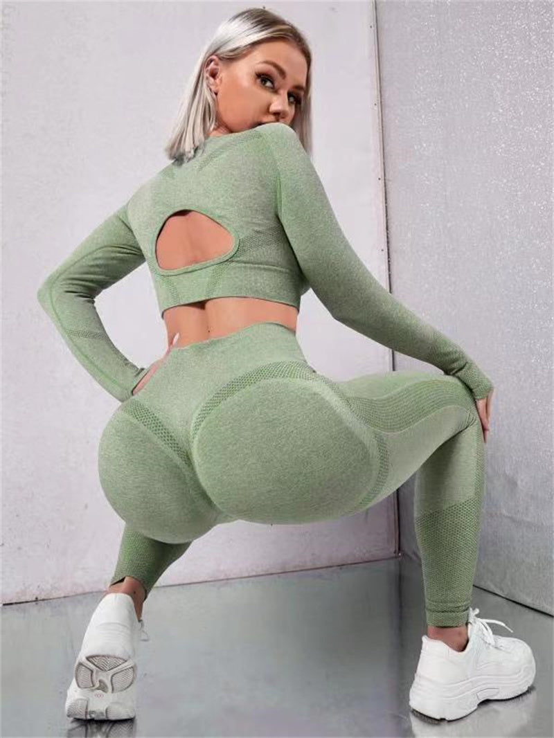 Desire-2pcs Sports Suits Long Sleeve Hollow Design Tops And Butt Lifting High Waist Seamless Fitness Leggings Sports Gym Sportswear Outfits Clothing - Desiré