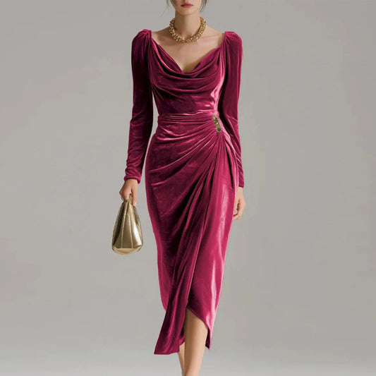 Long Sleeve Pleated Long Slit Velvet Sheath Dress - Desiré
