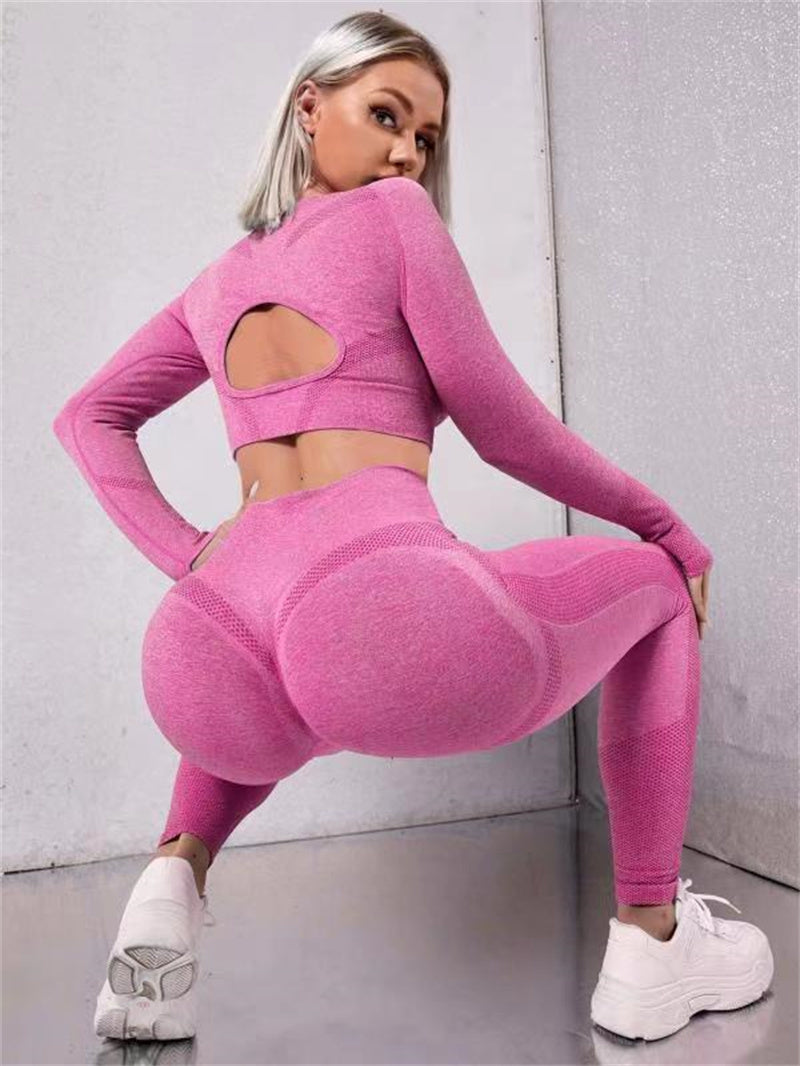 Desire-2pcs Sports Suits Long Sleeve Hollow Design Tops And Butt Lifting High Waist Seamless Fitness Leggings Sports Gym Sportswear Outfits Clothing - Desiré