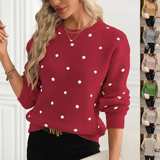Ins Polka Dot Print Pullover Sweater Fashion Casual Long-sleeved Jacquard Knitted Top Winter Round Neck Clothing For Women - Desiré