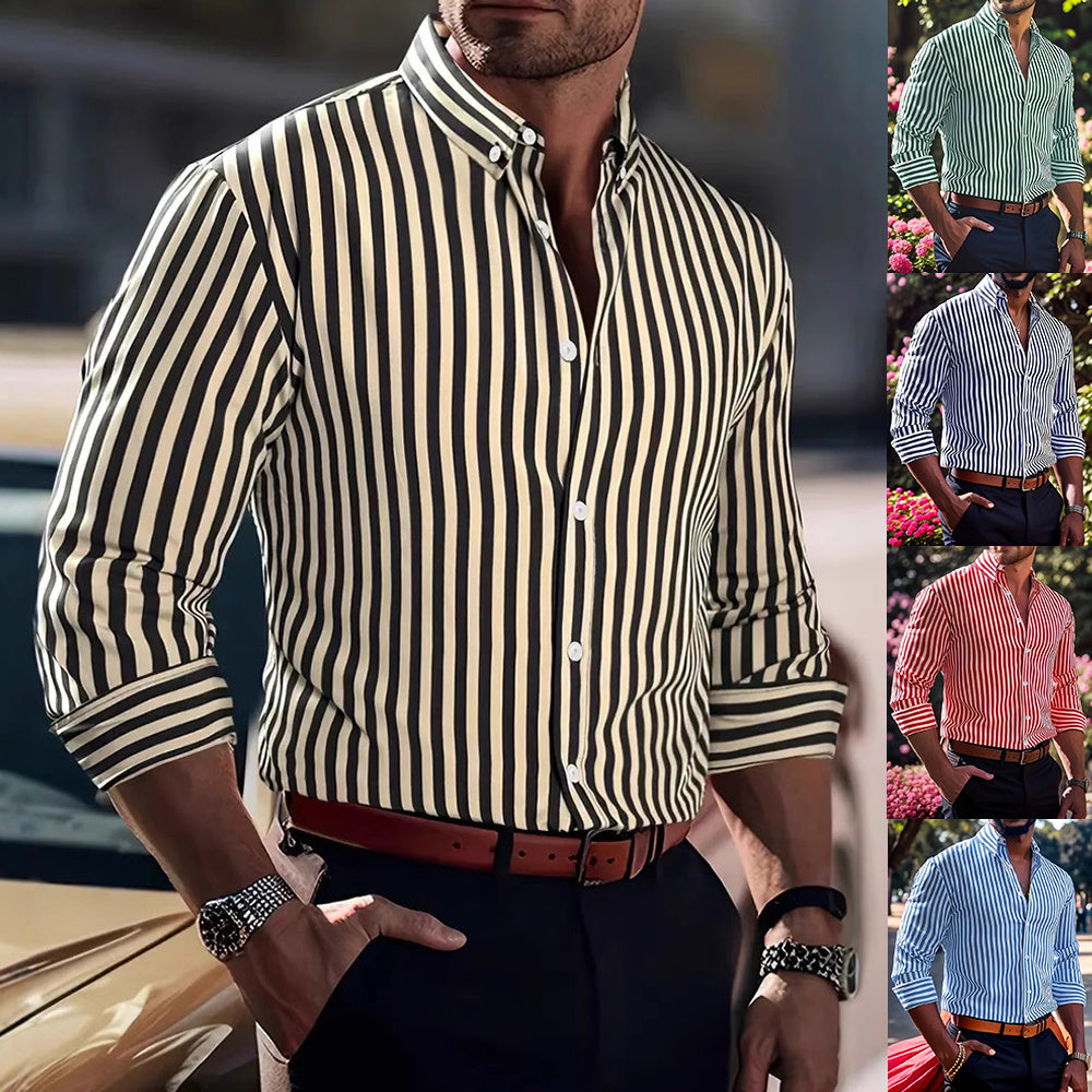 Ins Stripe Printed Long Sleeve Shirt Men Fashion Casual Lapel Button Top Clothing - Desiré