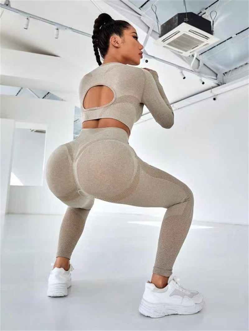 Desire-2pcs Sports Suits Long Sleeve Hollow Design Tops And Butt Lifting High Waist Seamless Fitness Leggings Sports Gym Sportswear Outfits Clothing - Desiré