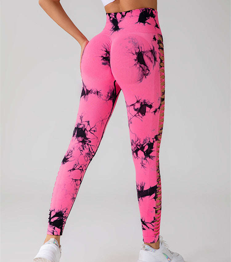 Desiré-Hollow Tie Dye Printed Yoga Pants High Waist Butt Lift Seamless Sports Gym Fitness Leggings Slim Pants For Women Tight Trousers - Desiré