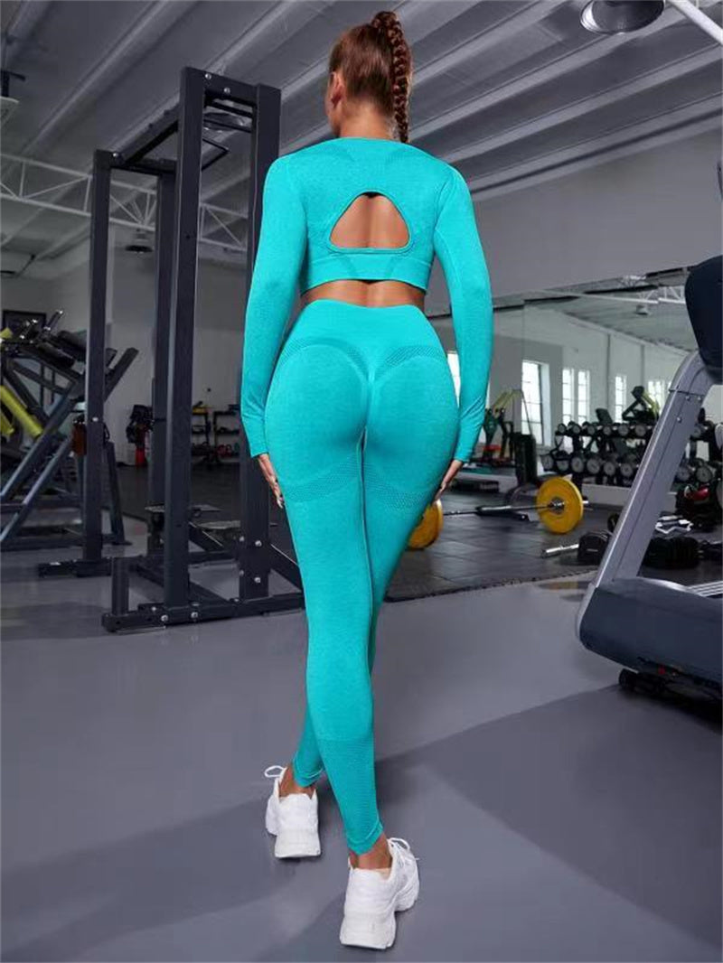 Desire-2pcs Sports Suits Long Sleeve Hollow Design Tops And Butt Lifting High Waist Seamless Fitness Leggings Sports Gym Sportswear Outfits Clothing - Desiré